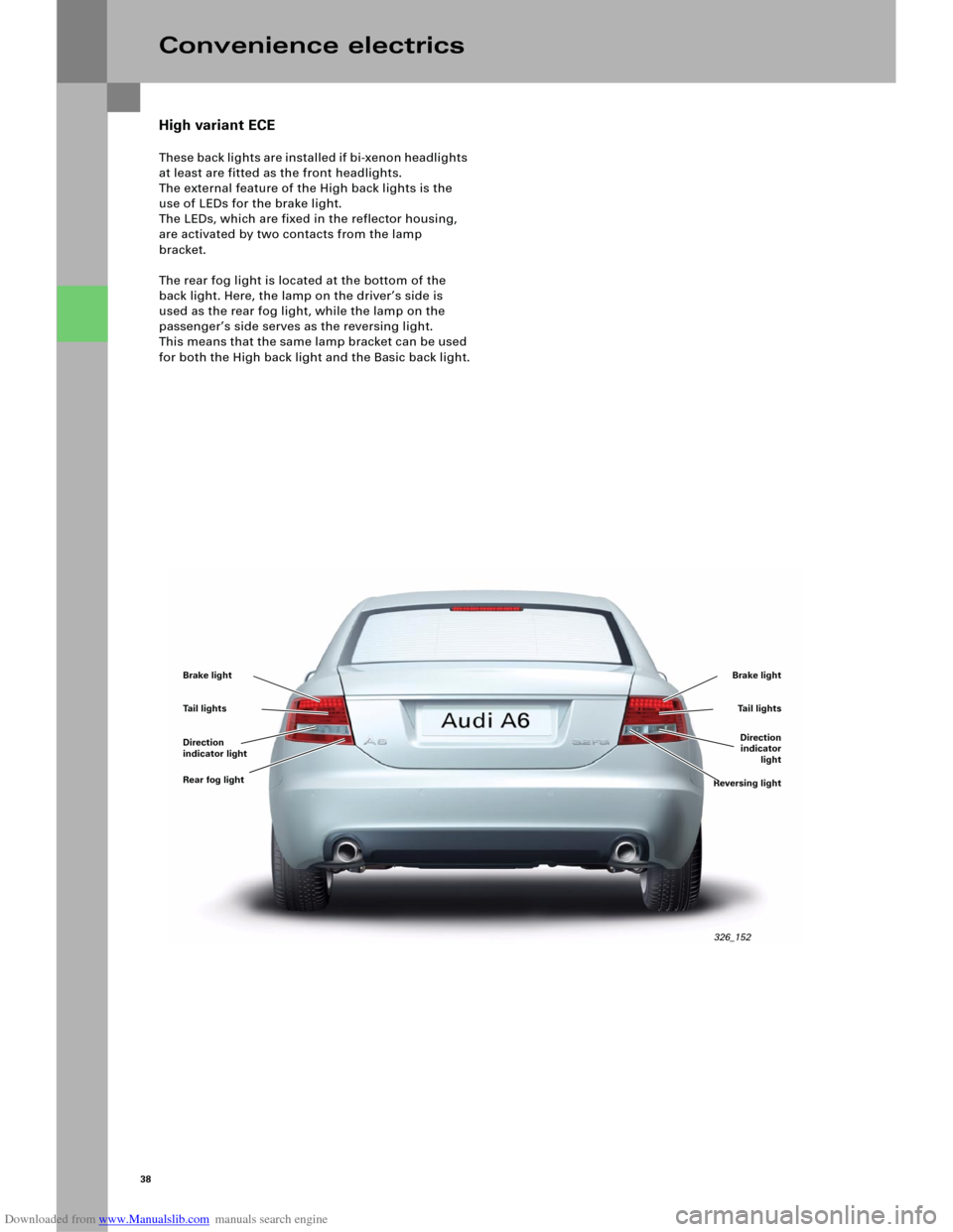AUDI A6 2005 C5 / 2.G Electrics System Training Manual Downloaded from www.Manualslib.com manuals search engine 38
High variant ECE
These back lights are installed if bi-xenon headlights 
at least are fitted as the front headlights.
The external feature o