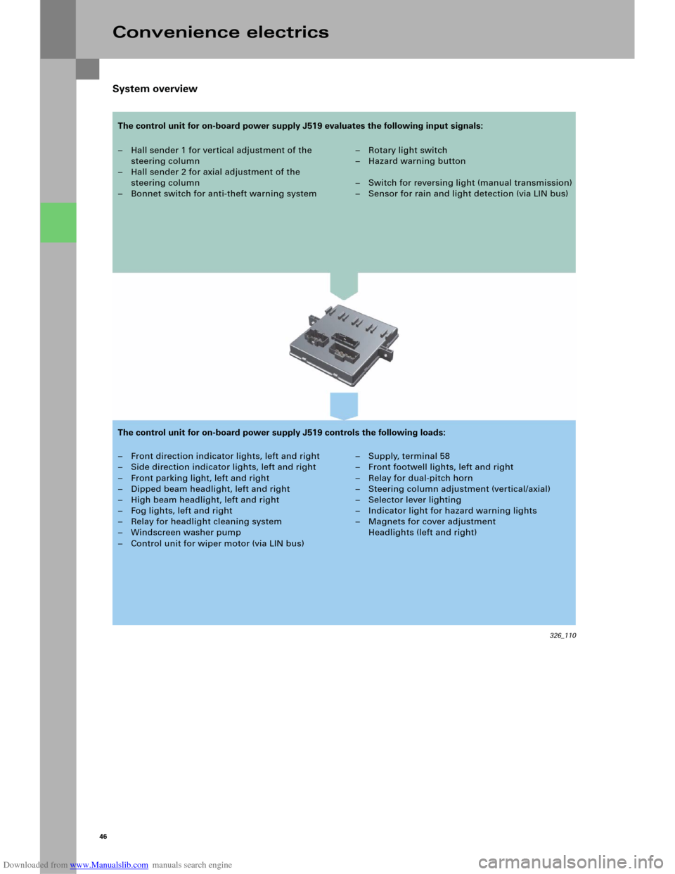 AUDI A6 2005 C5 / 2.G Electrics System Training Manual Downloaded from www.Manualslib.com manuals search engine 46
System overview
Convenience electrics
– Hall sender 1 for vertical adjustment of the
steering column
– Hall sender 2 for axial adjustme AUDI A6 2005 C5 / 2.G Electrics System Training Manual Downloaded from www.Manualslib.com manuals search engine 46
System overview
Convenience electrics
– Hall sender 1 for vertical adjustment of the
steering column
– Hall sender 2 for axial adjustme