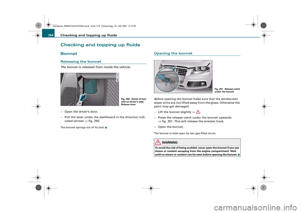 AUDI A4 2008 B8 / 4.G Owners Manual Checking and topping up fluids 254Checking and topping up fluidsBonnetReleasing the bonnet
The bonnet is released from inside the vehicle.– Open the drivers door.
– Pull the lever under the dashb