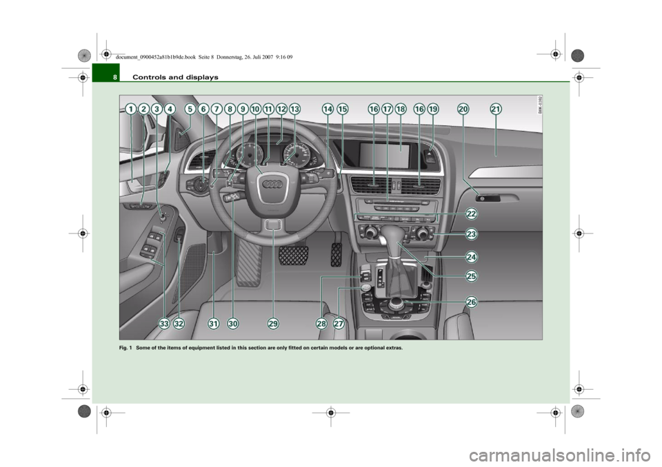 AUDI A4 2008 B8 / 4.G Owners Manual Controls and displays 8
Fig. 1  Some of the items of equipment listed in this section are only fitted on certain models or are optional extras.document_0900452a81b1b9de.book  Seite 8  Donnerstag, 26. 