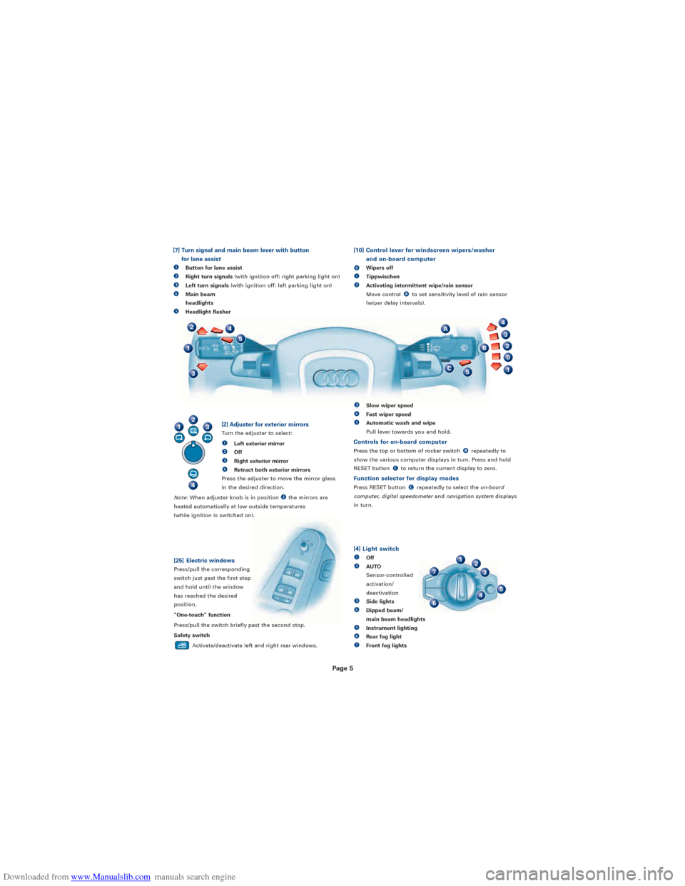 AUDI A4 2008 B8 / 4.G Quick Reference Guide Downloaded from www.Manualslib.com manuals search engine 
Page 5

1
0
2
3
4
B
C
A
5
2
1
4
3
5
1
3
2
45
6
7
[4] Light switch
eOff
rAUTO 
Sensor-controlled
activation/
deactivation
tSide lights
uDipped 