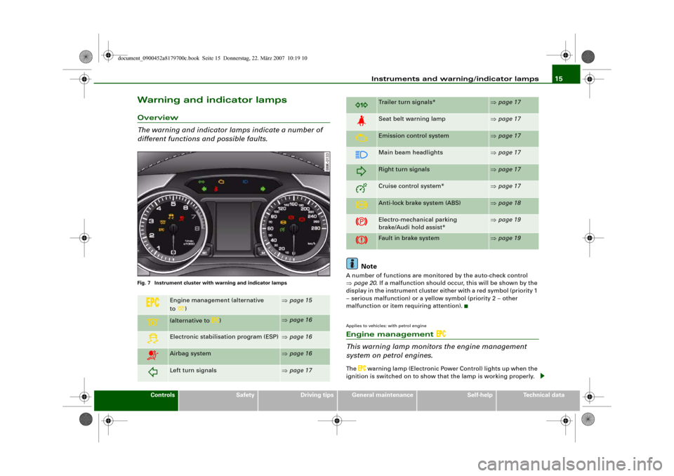 AUDI A5 2008 8T / 1.G Owners Manual Instruments and warning/indicator lamps15
Controls
Safety
Driving tips
General maintenance
Self-help
Technical data
Warning and indicator lampsOverview
The warning and indicator lamps indicate a numbe