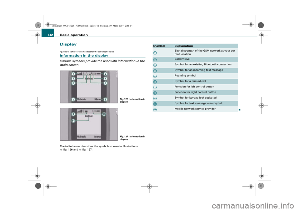 AUDI R8 2008 1.G Infotainment MMI Operating Manual Basic operation 142
Display
Applies to vehicles: with handset for the car telephone kit
Information in the display
Various symbols provide the user with information in the 
main screen.
The table belo
