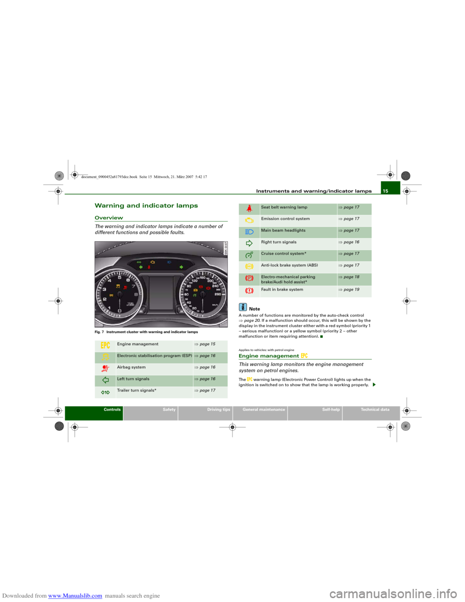 AUDI S5 2008 8T / 1.G Owners Manual Downloaded from www.Manualslib.com manuals search engine Instruments and warning/indicator lamps15
Controls
Safety
Driving tips
General maintenance
Self-help
Technical data
Warning and indicator lamps