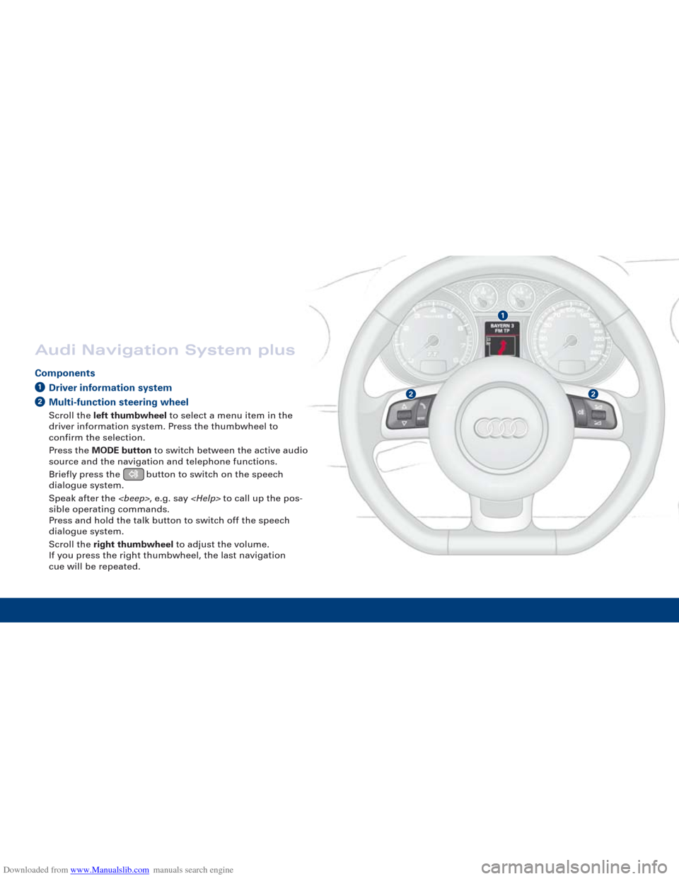 AUDI TT 2010 8J / 2.G Quick Reference Guide Downloaded from www.Manualslib.com manuals search engine 1
22
Audi Navigation System plus
ComponentsDriver information system
Multi-function steering wheel
Scroll the left thumbwheel to select a menu 