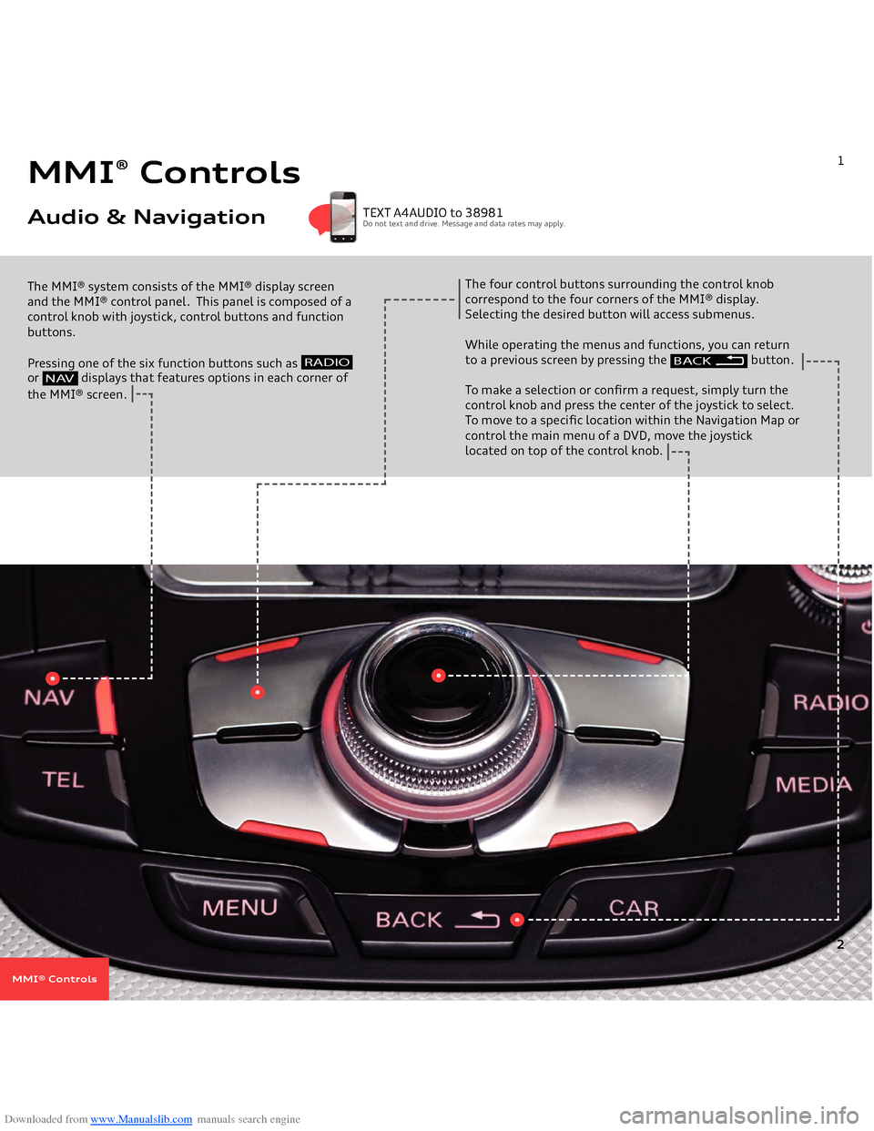 AUDI A4 2014 B8 / 4.G Getting To Know Downloaded from www.Manualslib.com manuals search engine MMI
® Controls
Audio & Navigation
The MMI® system consists of the MMI® display screen and the MMI® control panel. This panel is composed AUDI A4 2014 B8 / 4.G Getting To Know Downloaded from www.Manualslib.com manuals search engine MMI
® Controls
Audio & Navigation
The MMI® system consists of the MMI® display screen and the MMI® control panel. This panel is composed