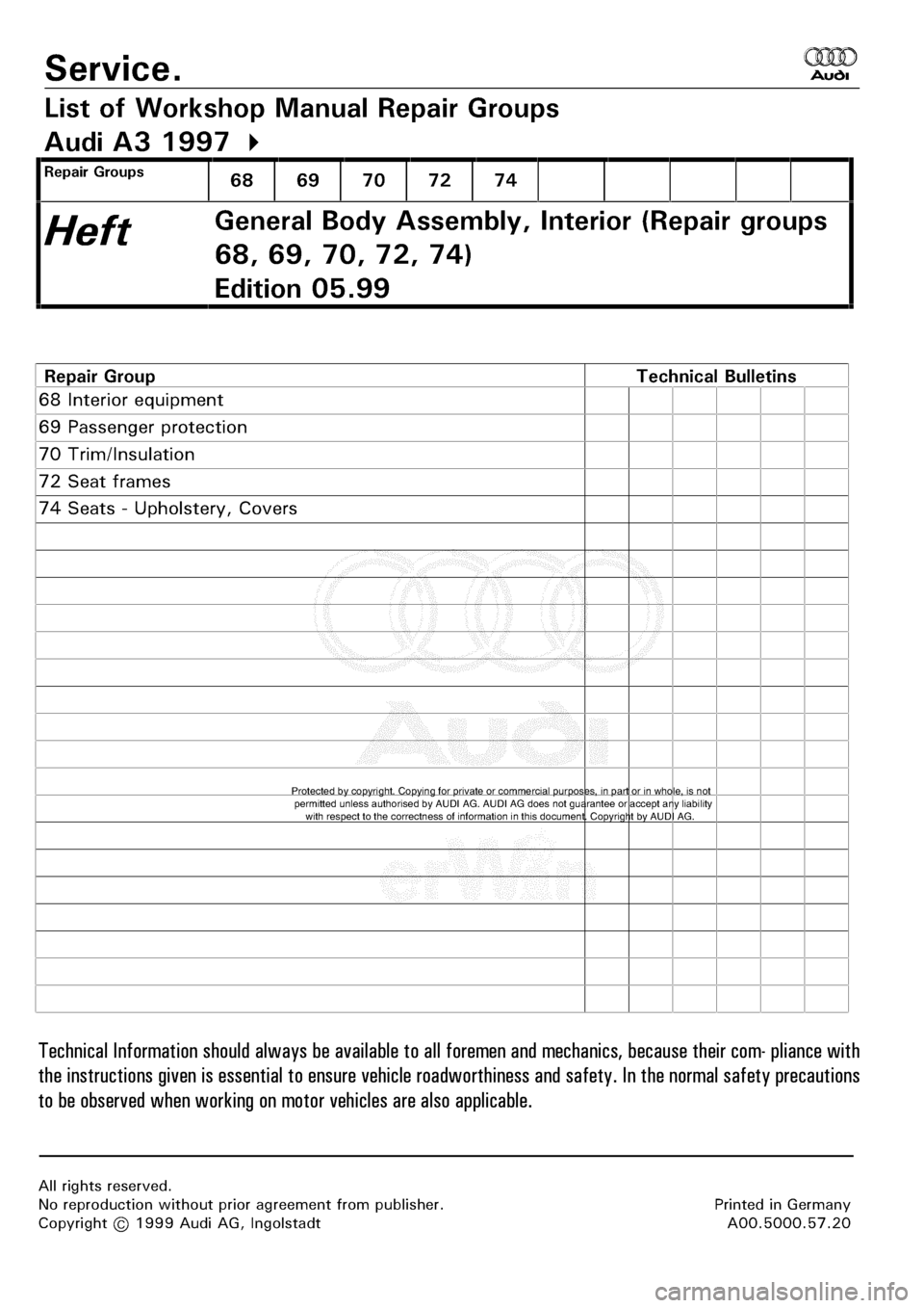 AUDI A3 1997 8L / 1.G General Body Assembly Interior Workshop Manual 