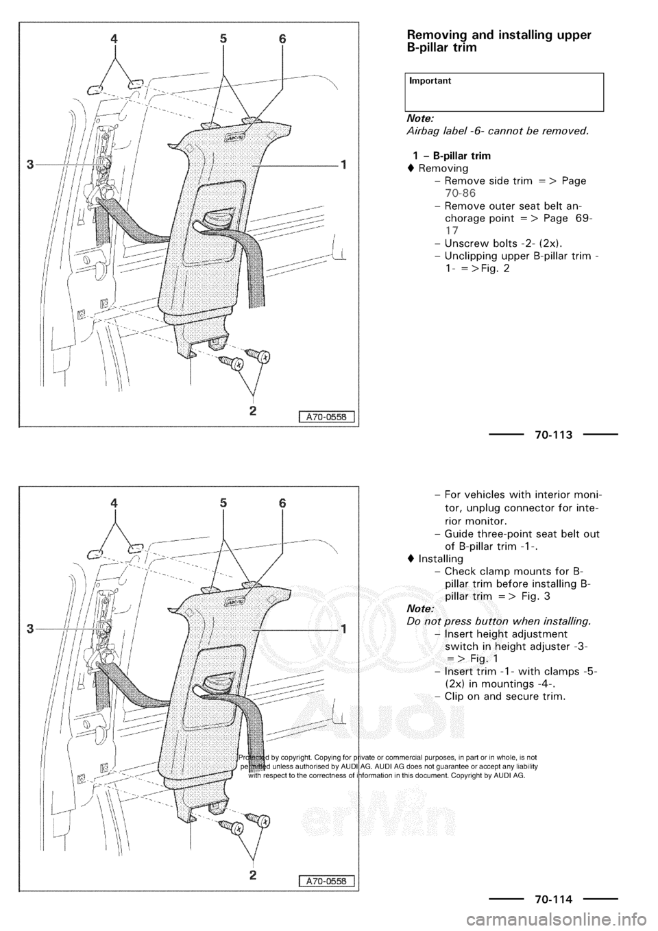 AUDI A3 1997 8L / 1.G General Body Assembly Interior Workshop Manual 