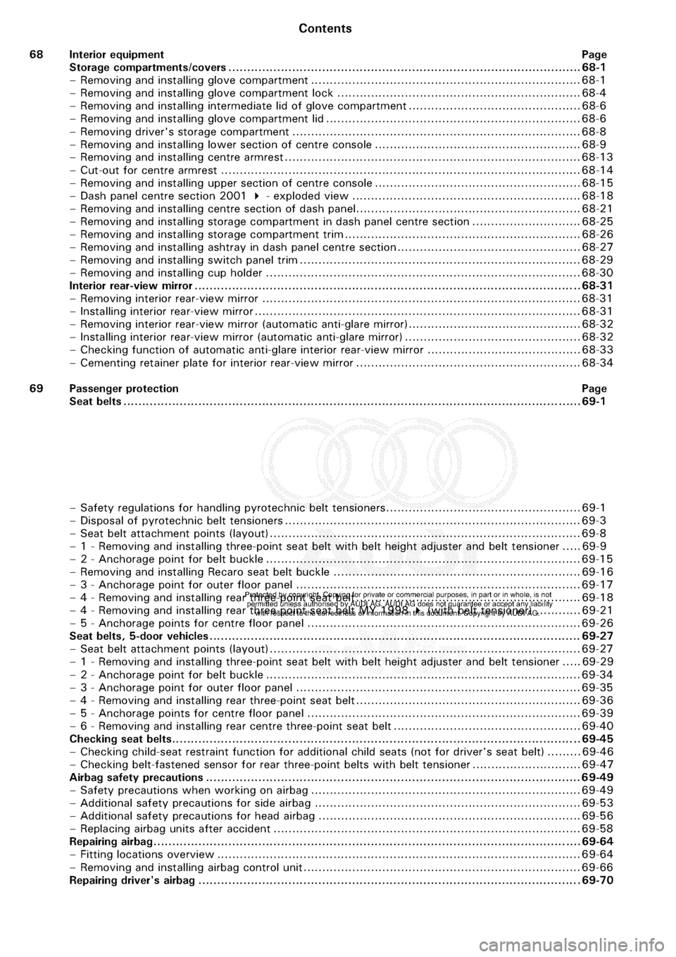 AUDI A3 1997 8L / 1.G General Body Assembly Interior Workshop Manual 