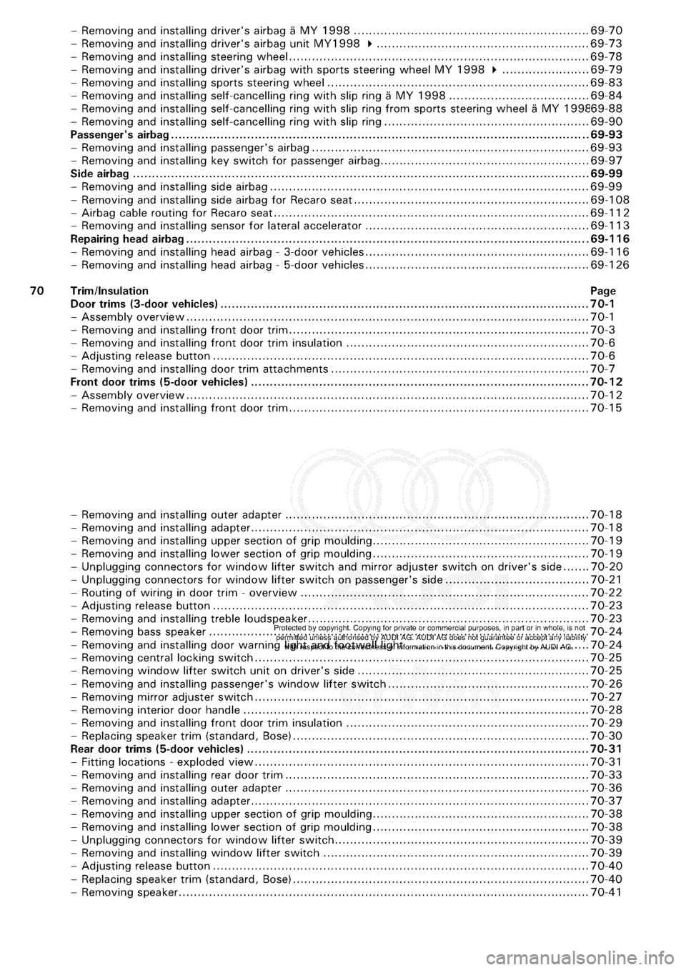 AUDI A3 1997 8L / 1.G General Body Assembly Interior Workshop Manual 