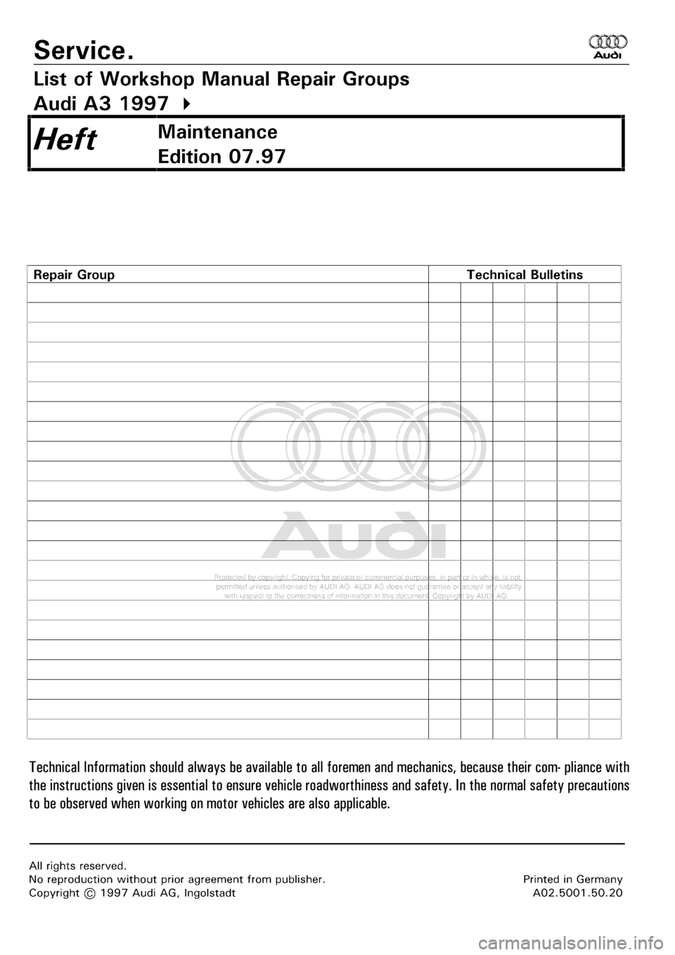 AUDI A3 2001 8L / 1.G Maintenance Workshop Manual 