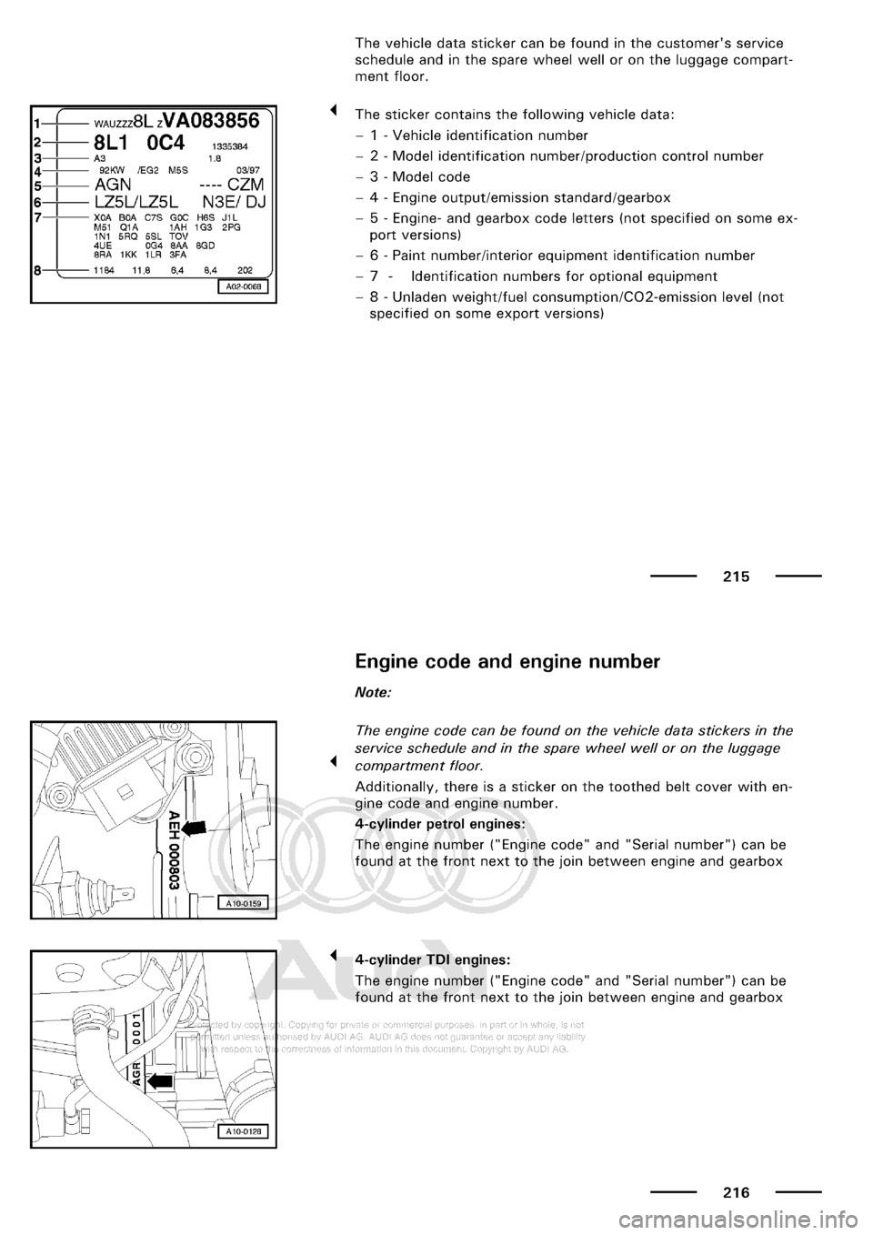 AUDI A3 2001 8L / 1.G Maintenance Workshop Manual 