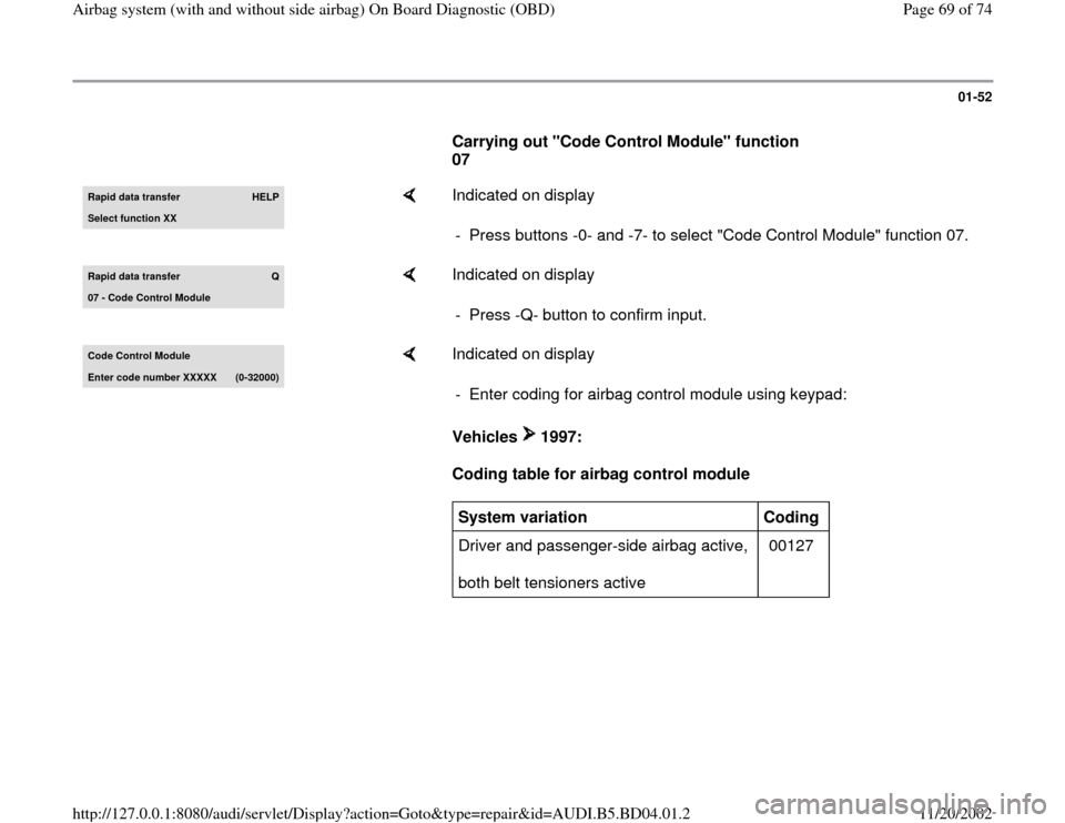 AUDI A4 1999 B5 / 1.G Airbag Service OBD Workshop Manual 01-52
      
Carrying out "Code Control Module" function 
07  Rapid data transfer 
HELP
Select function XX
    
Indicated on display  
-  Press buttons -0- and -7- to select "Code Control Module" func
