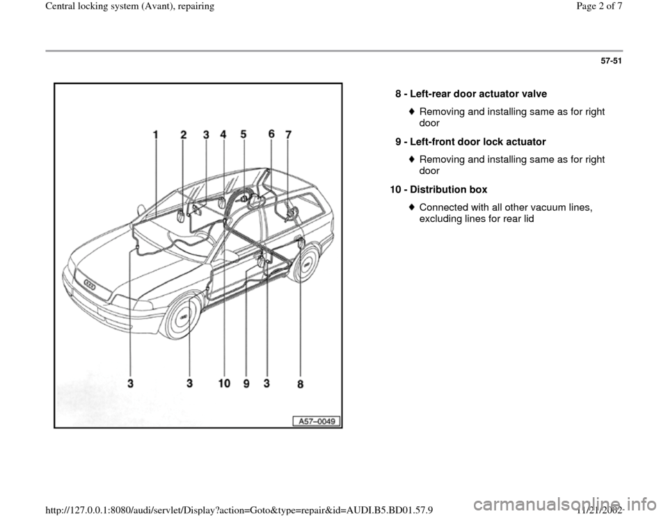 AUDI A4 1997 B5 / 1.G Central Locking System Avant Repairing Workshop Manual 57-51
 
  
8 - 
Left-rear door actuator valve 
Removing and installing same as for right 
door 
9 - 
Left-front door lock actuator Removing and installing same as for right 
door 
10 - 
Distribution b