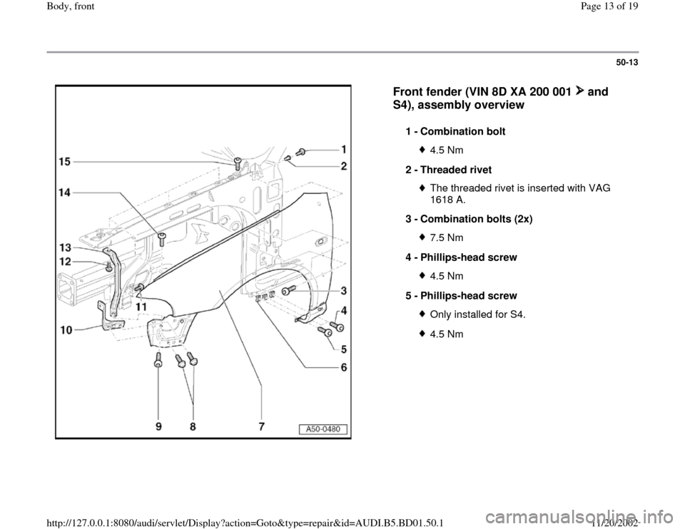AUDI A4 1999 B5 / 1.G Front End Workshop Manual 50-13
 
  
Front fender (VIN 8D XA 200 001   and 
S4), assembly overview
 
1 - 
Combination bolt 
4.5 Nm
2 - 
Threaded rivet The threaded rivet is inserted with VAG 
1618 A. 
3 - 
Combination bolts (2