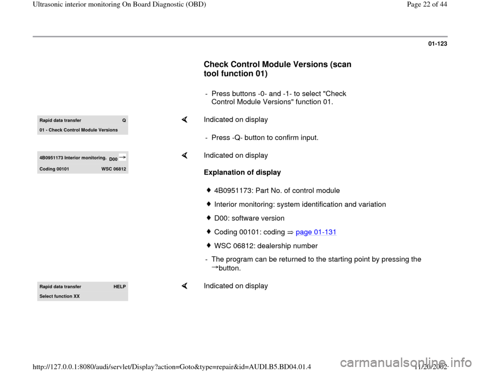 AUDI A4 1997 B5 / 1.G Interior Monitor Workshop Manual 01-123
      
Check Control Module Versions (scan 
tool function 01)
 
     
-  Press buttons -0- and -1- to select "Check 
Control Module Versions" function 01. 
Rapid data transfer 
Q
01 - Check Con