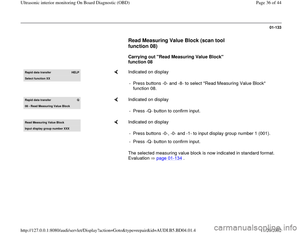 AUDI A4 1997 B5 / 1.G Interior Monitor Workshop Manual 01-133
      
Read Measuring Value Block (scan tool 
function 08)
 
     
Carrying out "Read Measuring Value Block" 
function 08  
Rapid data transfer  
HELP
Select function XX
    
Indicated on displ