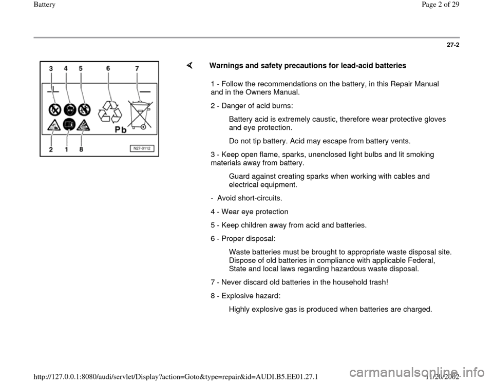 AUDI A4 1997 B5 / 1.G Battery Workshop Manual 27-2
Warnings and safety precautions for lead-acid batteries
1 - Follow the recommendations on the battery, in this Repair Manual
and in the Owners Manual.
2 - Danger of acid burns:
Batt AUDI A4 1997 B5 / 1.G Battery Workshop Manual 27-2
Warnings and safety precautions for lead-acid batteries
1 - Follow the recommendations on the battery, in this Repair Manual
and in the Owners Manual.
2 - Danger of acid burns:
Batt