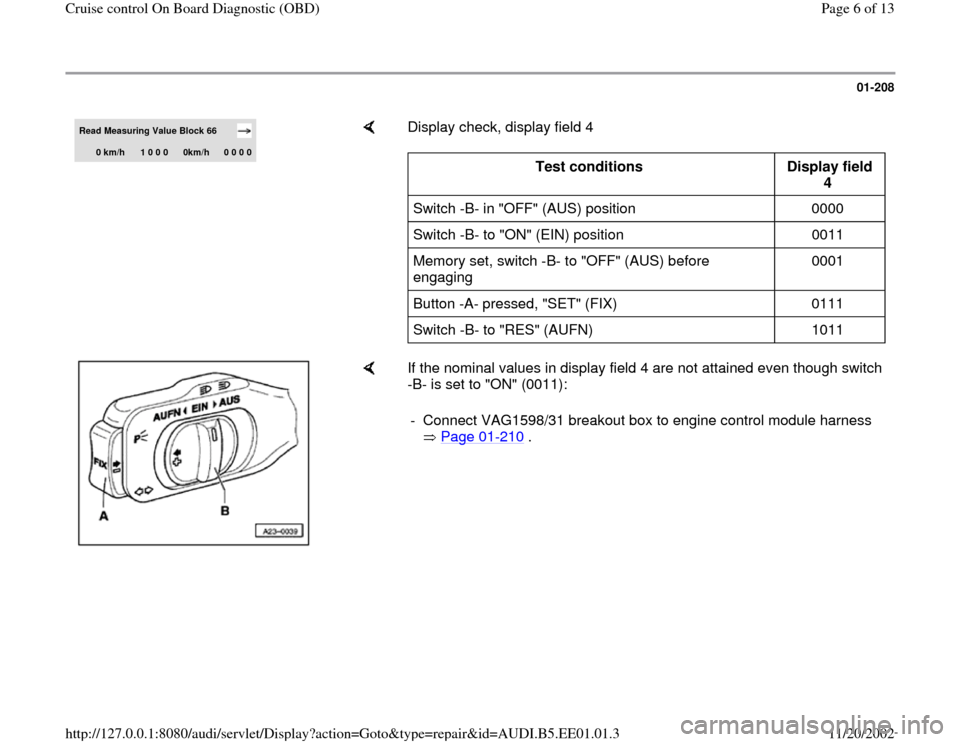 AUDI A4 1997 B5 / 1.G Cruise Control On Board Diagnostic Workshop Manual 01-208
 
Read Measuring Value Block 66  
0 km/h 
1 0 0 0 
0km/h 
0 0 0 0
    
Display check, display field 4   
Test conditions  
Display field 
4  
Switch -B- in "OFF" (AUS) position   0000  
Switch 
