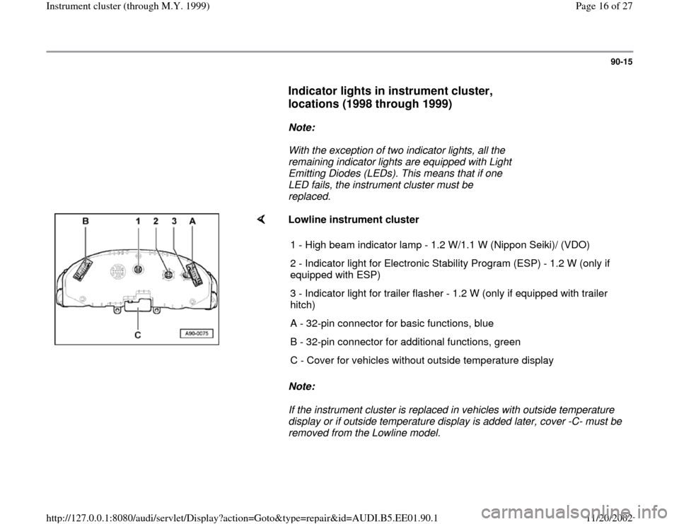 AUDI A4 2000 B5 / 1.G Instrument Cluster Location Diagram Through Model Year 1999 Workshop Manual 90-15
Indicator lights in instrument cluster,
locations (1998 through 1999)
Note:
With the exception of two indicator lights, all the
remaining indicator lights are equipped wi AUDI A4 2000 B5 / 1.G Instrument Cluster Location Diagram Through Model Year 1999 Workshop Manual 90-15
Indicator lights in instrument cluster,
locations (1998 through 1999)
Note:
With the exception of two indicator lights, all the
remaining indicator lights are equipped wi