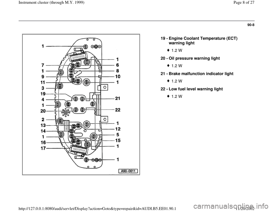 AUDI A4 2000 B5 / 1.G Instrument Cluster Location Diagram Through Model Year 1999 Workshop Manual 90-8
 
  
19 - 
Engine Coolant Temperature (ECT) 
warning light 
1.2 W
20 - 
Oil pressure warning light1.2 W
21 - 
Brake malfunction indicator light1.2 W
22 - 
Low fuel level warning light1.2 W
Pa
ge 
