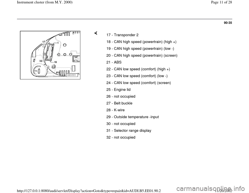 AUDI A4 2000 B5 / 1.G Instrument Cluster Location Diagram Through Model Year 2000 Workshop Manual 90-35
 
    
17 - Transponder 2
18 - CAN high speed (powertrain) (high +)
19 - CAN high speed (powertrain) (low -)
20 - CAN high speed (powertrain) (screen)
21 - ABS
22 - CAN low speed (comfort) (high