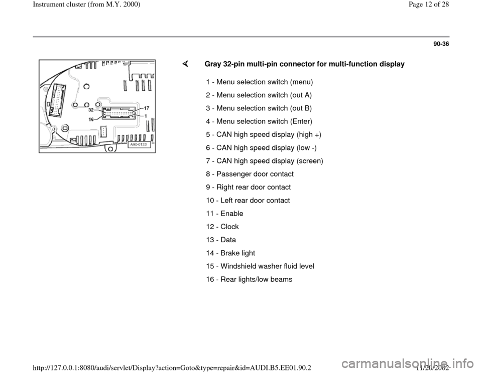 AUDI A4 2000 B5 / 1.G Instrument Cluster Location Diagram Through Model Year 2000 Workshop Manual 90-36
 
    
Gray 32-pin multi-pin connector for multi-function display  
1 - Menu selection switch (menu)
2 - Menu selection switch (out A)
3 - Menu selection switch (out B)
4 - Menu selection switch