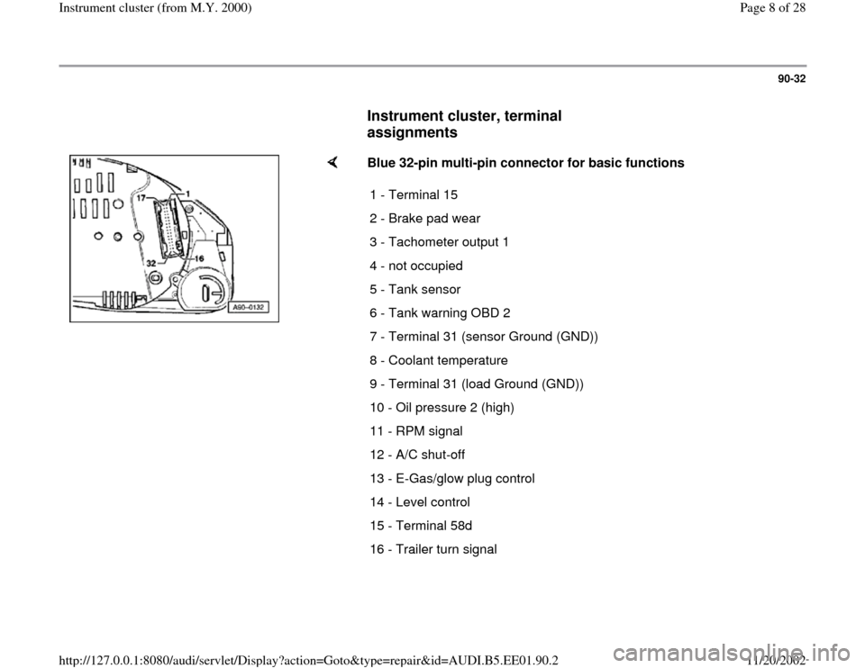 AUDI A4 2000 B5 / 1.G Instrument Cluster Location Diagram Through Model Year 2000 Workshop Manual 90-32
      
Instrument cluster, terminal 
assignments
 
    
Blue 32-pin multi-pin connector for basic functions  
1 - Terminal 15
2 - Brake pad wear
3 - Tachometer output 1 
4 - not occupied
5 - Tan