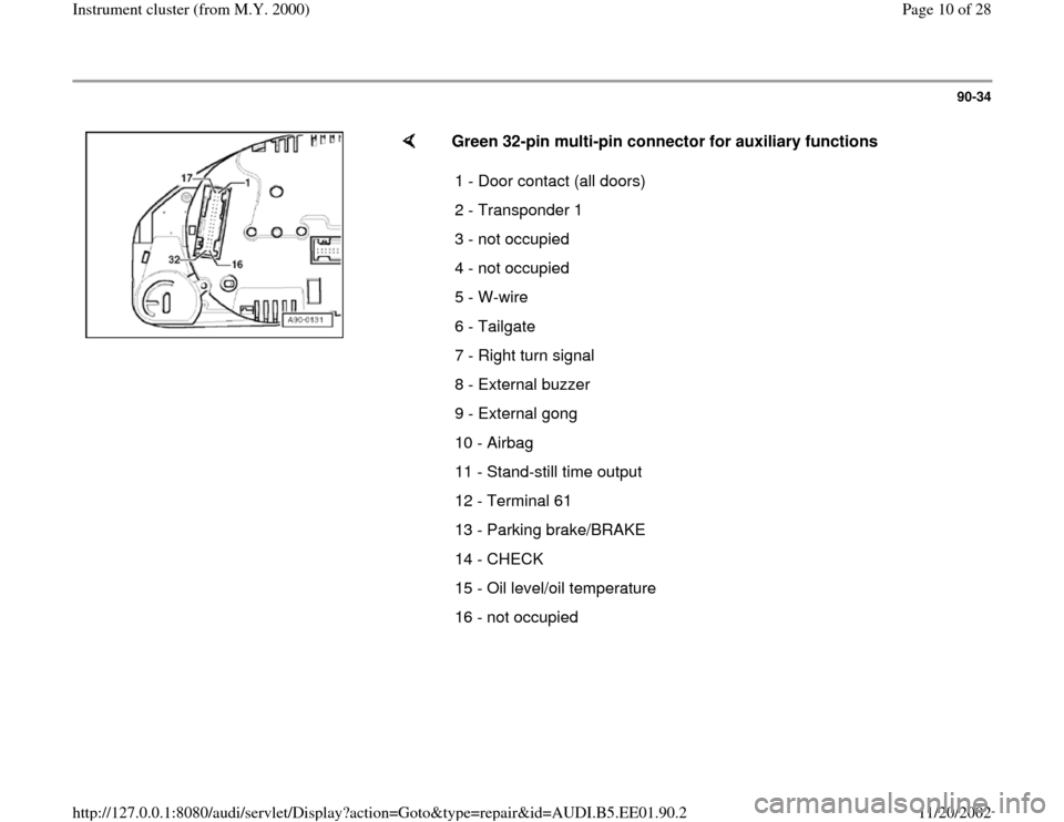 AUDI A4 2000 B5 / 1.G Instrument Cluster Location Diagram Through Model Year 2000 Workshop Manual 90-34
 
    
Green 32-pin multi-pin connector for auxiliary functions  
1 - Door contact (all doors) 
2 - Transponder 1
3 - not occupied
4 - not occupied
5 - W-wire
6 - Tailgate
7 - Right turn signal
