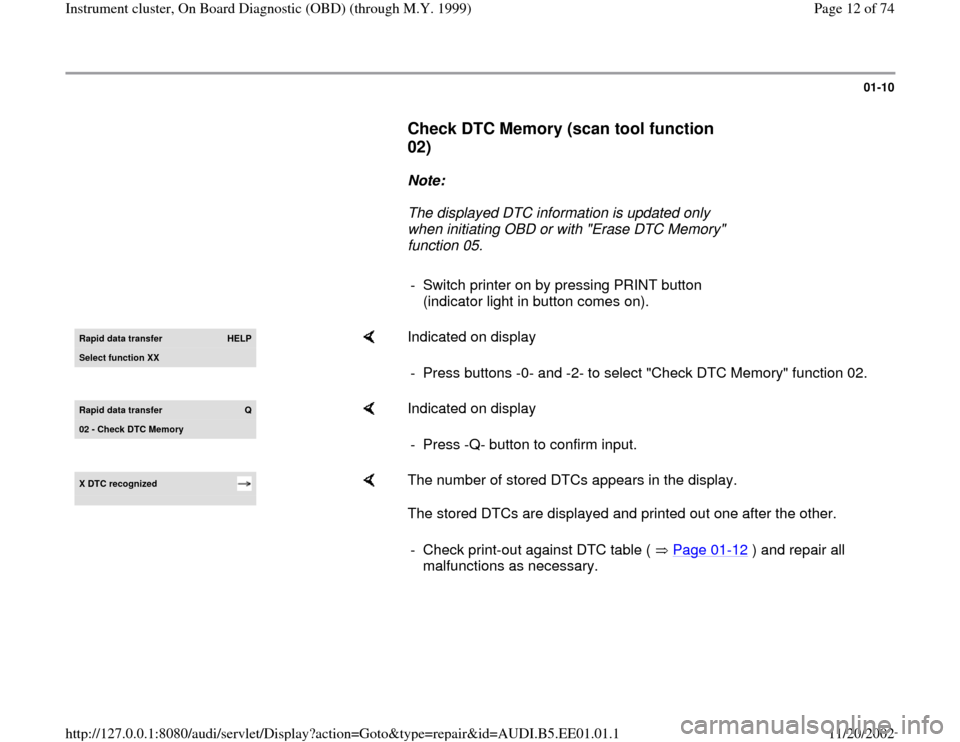 AUDI A4 2000 B5 / 1.G Instrument Cluster OBD From Model Year 1999 Workshop Manual 01-10
      
Check DTC Memory (scan tool function 
02)
 
     
Note:  
     The displayed DTC information is updated only 
when initiating OBD or with "Erase DTC Memory" 
function 05. 
     
-  Switch