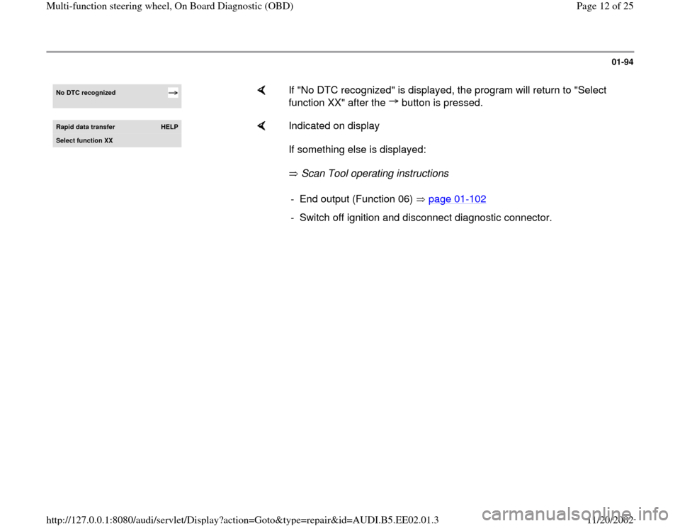 AUDI A4 1997 B5 / 1.G Multi Functions Steering Wheel OBD Workshop Manual 01-94
 
No DTC recognized 
    
If "No DTC recognized" is displayed, the program will return to "Select 
function XX" after the   button is pressed.  
Rapid data transfer 
HELP
Select function XX
    