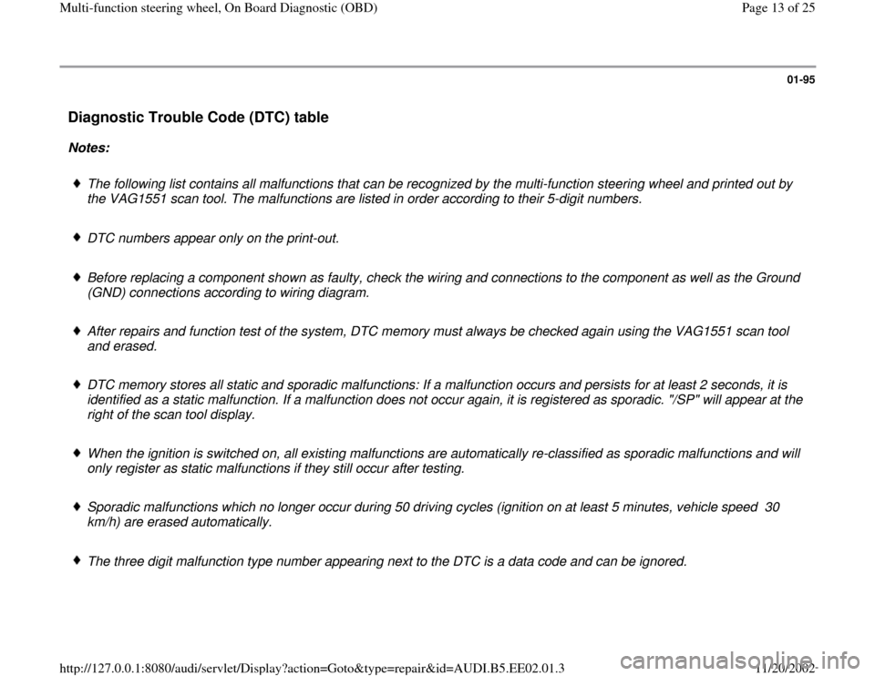 AUDI A4 1996 B5 / 1.G Multi Functions Steering Wheel OBD Workshop Manual 01-95
Diagnostic Trouble Code (DTC) table
Notes:
The following list contains all malfunctions that can be recognized by the multi-function steering wheel and printed out by
the VAG1551 scan to AUDI A4 1996 B5 / 1.G Multi Functions Steering Wheel OBD Workshop Manual 01-95
Diagnostic Trouble Code (DTC) table
Notes:
The following list contains all malfunctions that can be recognized by the multi-function steering wheel and printed out by
the VAG1551 scan to