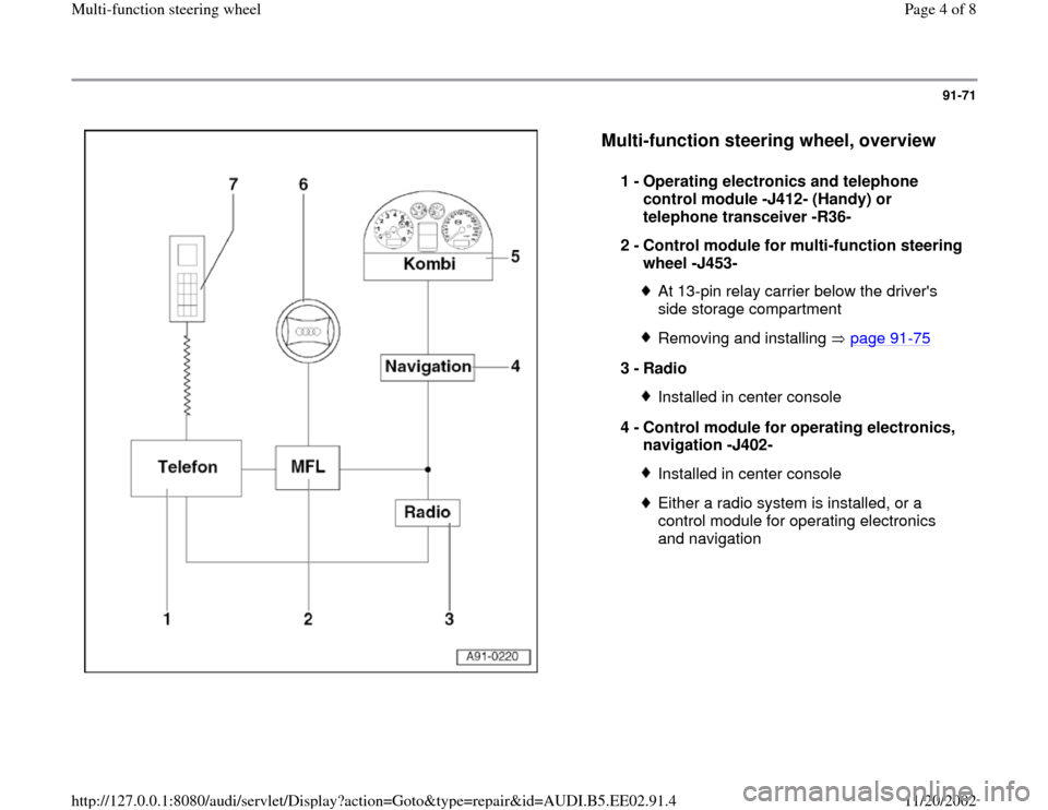 AUDI A4 1996 B5 / 1.G Multi Functions Steering Wheel Workshop Manual 91-71
 
  
Multi-function steering wheel, overview
 
1 - 
Operating electronics and telephone 
control module -J412- (Handy) or 
telephone transceiver -R36- 
2 - 
Control module for multi-function ste