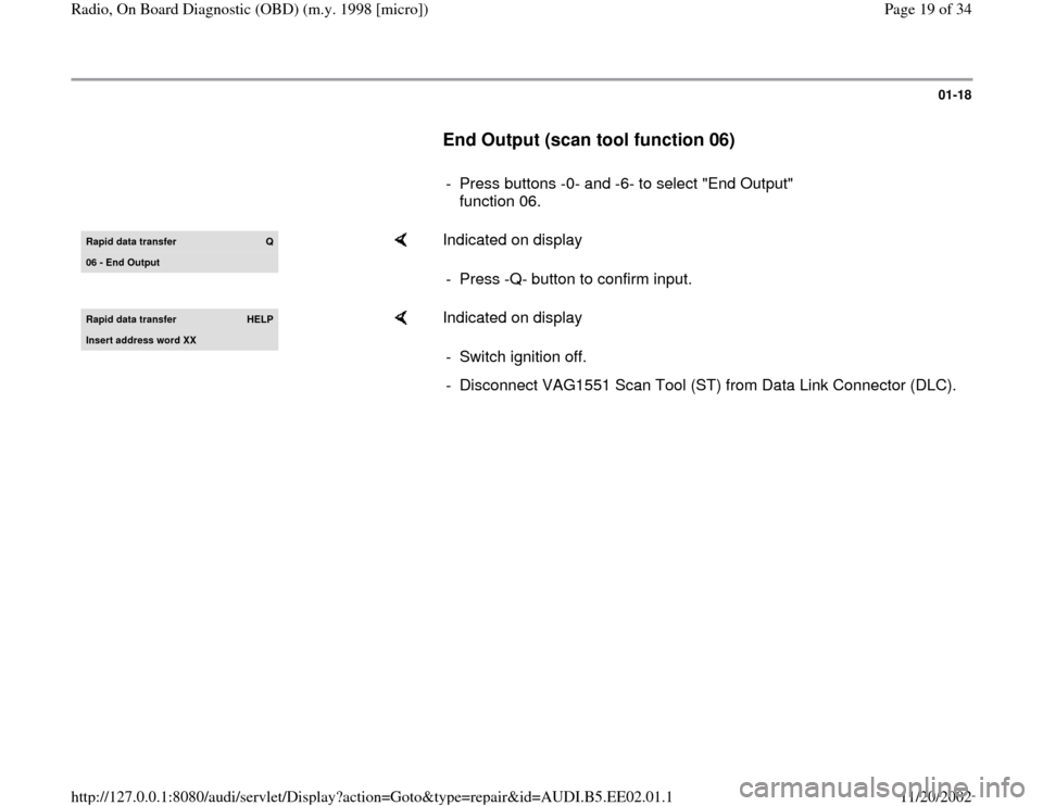 AUDI A4 2000 B5 / 1.G Radio OBD Workshop Manual 01-18
      
End Output (scan tool function 06)
 
     
-  Press buttons -0- and -6- to select "End Output" 
function 06. 
Rapid data transfer 
Q
06 - End Output
    
Indicated on display  
-  Press -