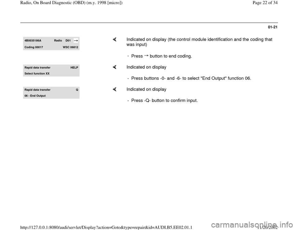 AUDI A4 2000 B5 / 1.G Radio OBD Workshop Manual 01-21
 
4B0035186A 
Radio 
D01 
Codin
g 00017 
WSC 06812
    
Indicated on display (the control module identification and the coding that 
was input)  
- 
Press   button to end coding.
Rapid data tran