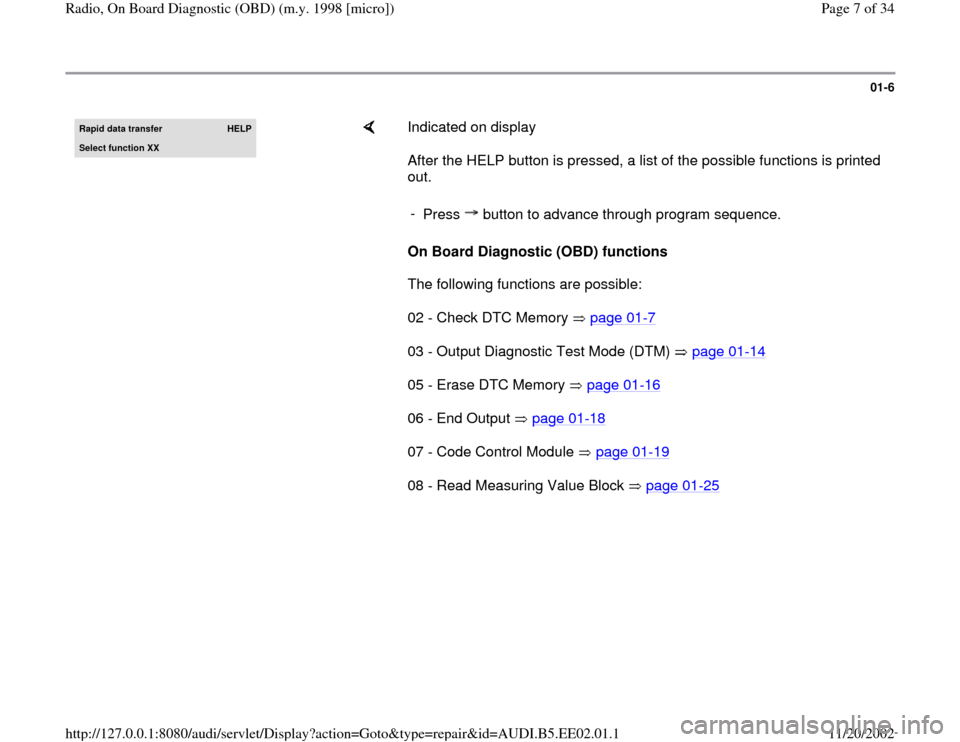 AUDI A4 2000 B5 / 1.G Radio OBD Workshop Manual 01-6
 
Rapid data transfer 
HELP
Select function XX
    
Indicated on display  
After the HELP button is pressed, a list of the possible functions is printed 
out.  
On Board Diagnostic (OBD) function