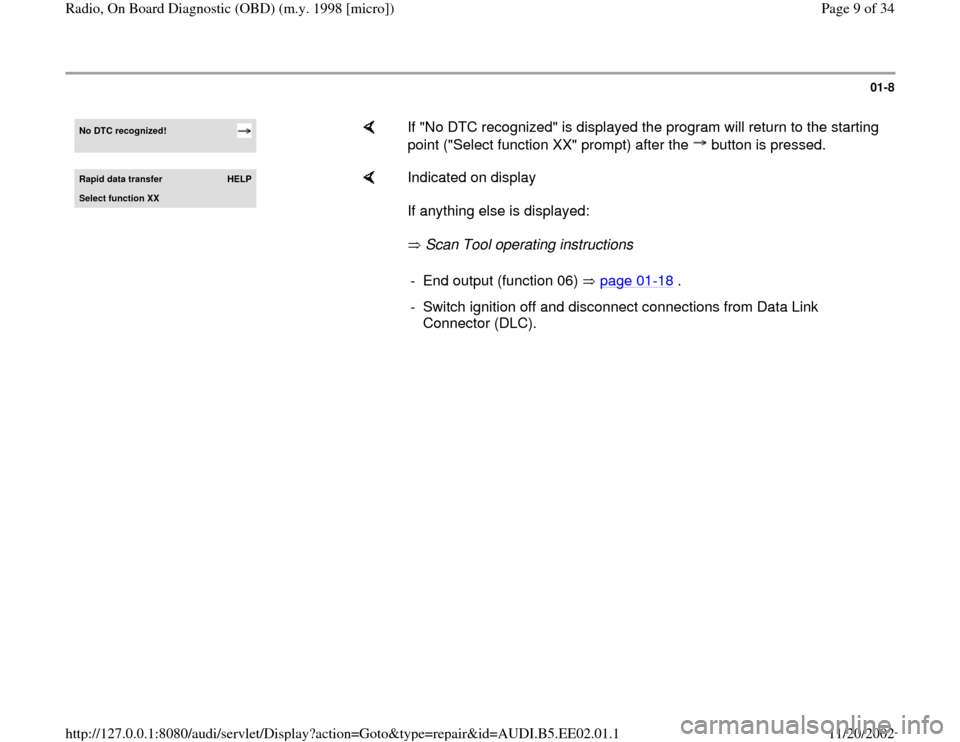 AUDI A4 2000 B5 / 1.G Radio OBD Workshop Manual 01-8
 
No DTC recognized! 
    
If "No DTC recognized" is displayed the program will return to the starting 
point ("Select function XX" prompt) after the   button is pressed.  
Rapid data transfer 
H