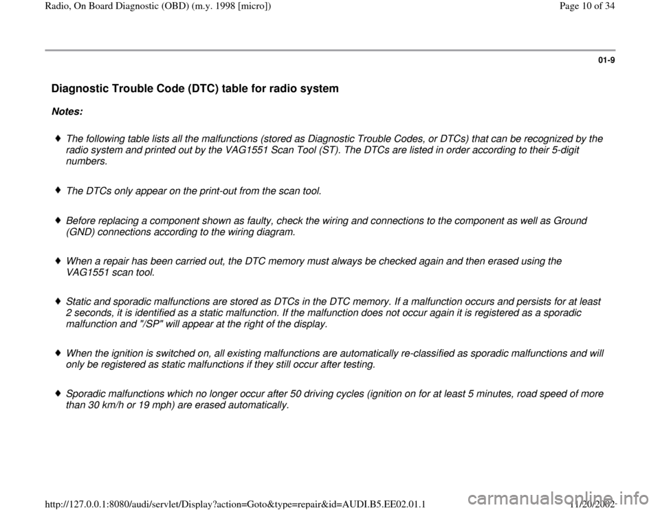 AUDI A4 2000 B5 / 1.G Radio OBD Workshop Manual 01-9
Diagnostic Trouble Code (DTC) table for radio system
Notes:
The following table lists all the malfunctions (stored as Diagnostic Trouble Codes, or DTCs) that can be recognized by the
radi AUDI A4 2000 B5 / 1.G Radio OBD Workshop Manual 01-9
Diagnostic Trouble Code (DTC) table for radio system
Notes:
The following table lists all the malfunctions (stored as Diagnostic Trouble Codes, or DTCs) that can be recognized by the
radi