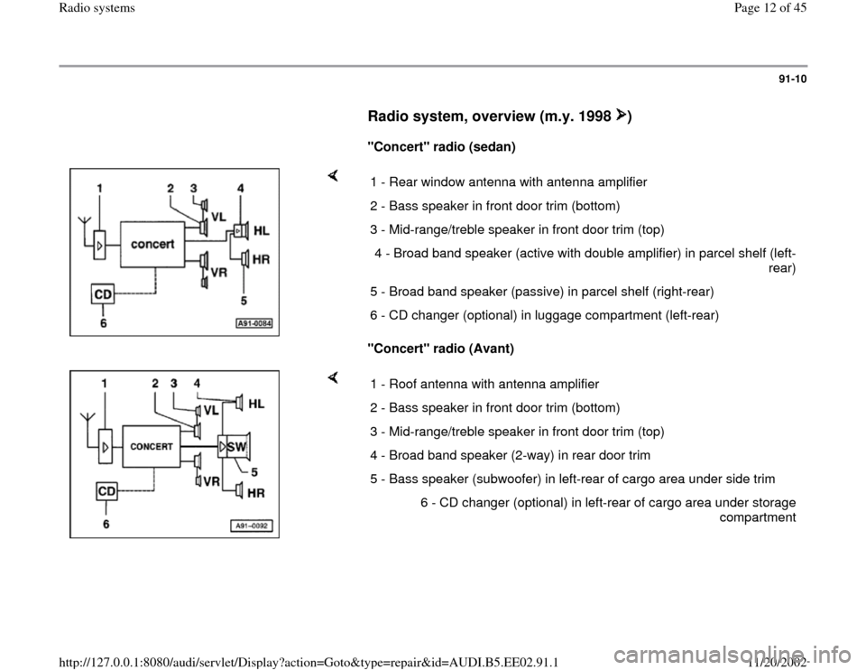 AUDI A4 2000 B5 / 1.G Radio System Workshop Manual 91-10
      
Radio system, overview (m.y. 1998  )
 
     
"Concert" radio (sedan)  
    
"Concert" radio (Avant)   1 - Rear window antenna with antenna amplifier
2 - Bass speaker in front door trim (b