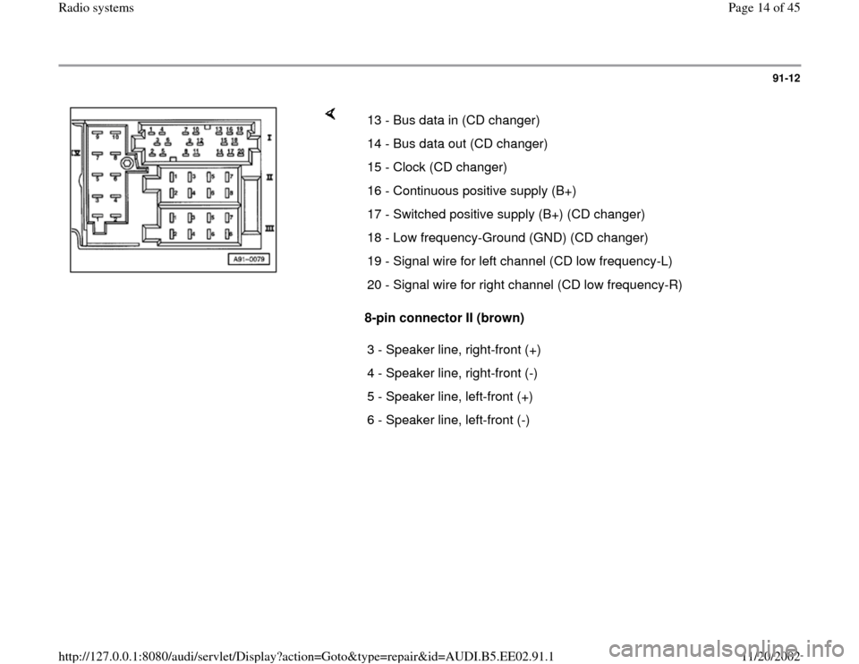 AUDI A4 2000 B5 / 1.G Radio System Workshop Manual 91-12
 
    
8-pin connector II (brown)  13 - Bus data in (CD changer)
14 - Bus data out (CD changer)
15 - Clock (CD changer) 
16 - Continuous positive supply (B+)
17 - Switched positive supply (B+) (