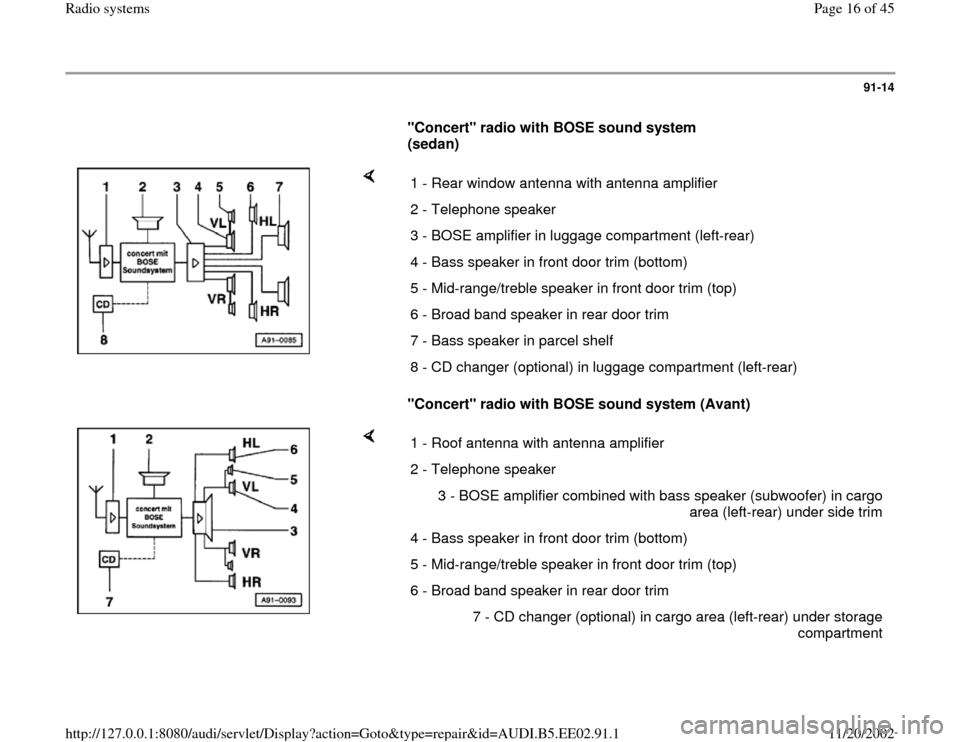 AUDI A4 2000 B5 / 1.G Radio System Workshop Manual 91-14
      
"Concert" radio with BOSE sound system 
(sedan)  
    
"Concert" radio with BOSE sound system (Avant)   1 - Rear window antenna with antenna amplifier
2 - Telephone speaker 
3 - BOSE ampl