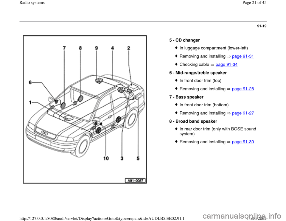 AUDI A4 1996 B5 / 1.G Radio System Workshop Manual 91-19
 
  
5 - 
CD changer 
In luggage compartment (lower-left)Removing and installing   page 91
-31
Checking cable   page 91
-34
6 - 
Mid-range/treble speaker 
In front door trim (top)Removing and in