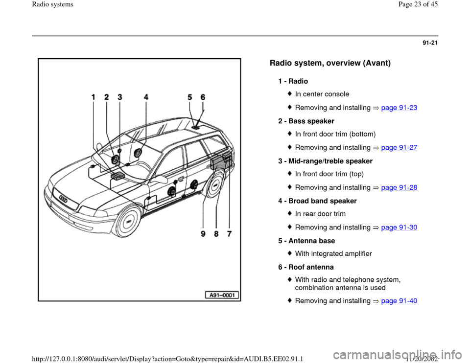 AUDI A4 2000 B5 / 1.G Radio System Workshop Manual 91-21
 
  
Radio system, overview (Avant)
 
1 - 
Radio 
In center consoleRemoving and installing   page 91
-23
2 - 
Bass speaker 
In front door trim (bottom)Removing and installing   page 91
-27
3 - 
