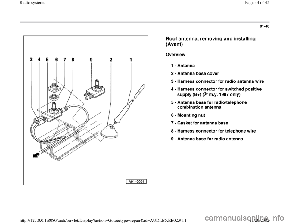 AUDI A4 2000 B5 / 1.G Radio System Workshop Manual 91-40
 
  
Roof antenna, removing and installing 
(Avant)
 
Overview  
1 - 
Antenna 
2 - 
Antenna base cover 
3 - 
Harness connector for radio antenna wire 
4 - 
Harness connector for switched positiv
