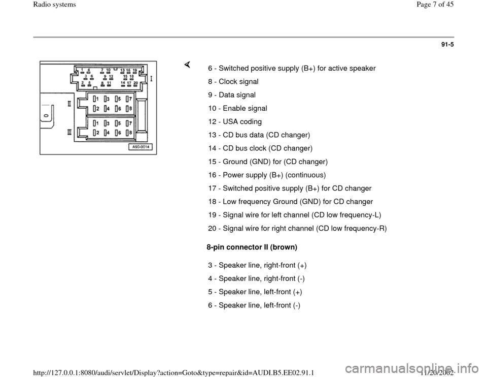 AUDI A4 2000 B5 / 1.G Radio System Workshop Manual 91-5
 
    
8-pin connector II (brown)  6 - Switched positive supply (B+) for active speaker
8 - Clock signal
9 - Data signal
10 - Enable signal
12 - USA coding
13 - CD bus data (CD changer)
14 - CD b