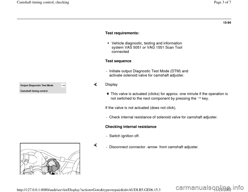AUDI A4 1996 B5 / 1.G AWM Engine Camshaft Timing Control Workshop Manual 15-94
      
Test requirements:  
     
Vehicle diagnostic, testing and information 
system VAS 5051 or VAG 1551 Scan Tool 
connected 
     
Test sequence  
     
-  Initiate output Diagnostic Test Mo
