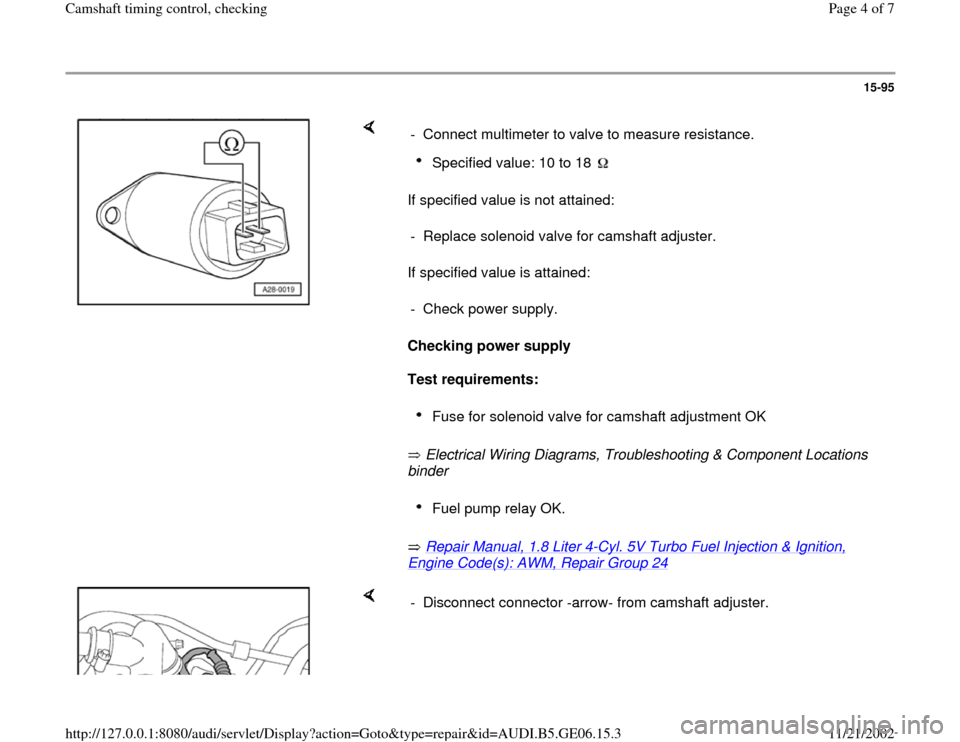 AUDI A4 1996 B5 / 1.G AWM Engine Camshaft Timing Control Workshop Manual 15-95
 
    
If specified value is not attained:  
If specified value is attained:  
Checking power supply  
Test requirements:  
 Electrical Wiring Diagrams, Troubleshooting & Component Locations 
bi