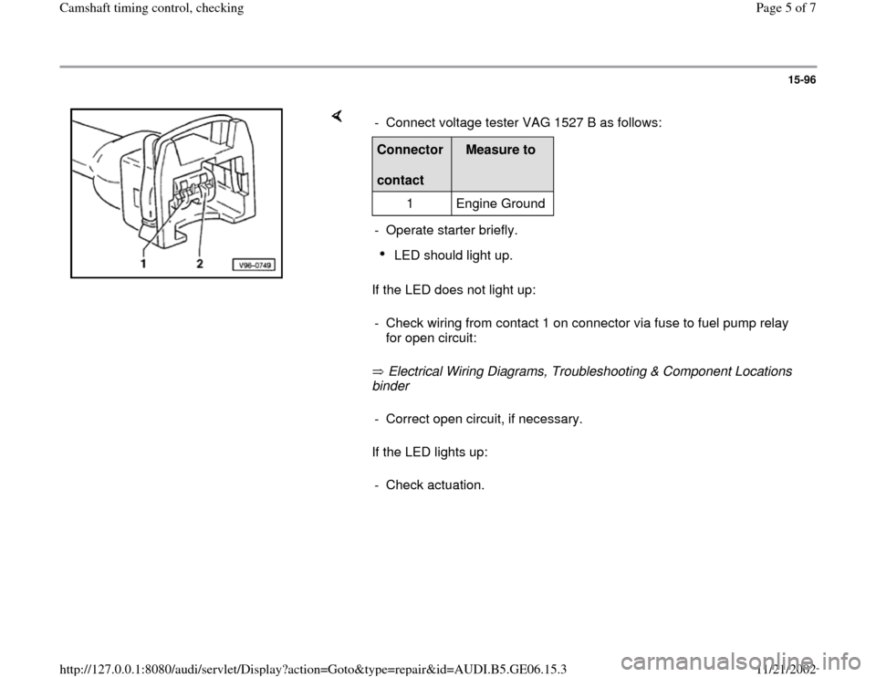 AUDI A4 1996 B5 / 1.G AWM Engine Camshaft Timing Control Workshop Manual 15-96
 
    
If the LED does not light up:  
 Electrical Wiring Diagrams, Troubleshooting & Component Locations 
binder   
If the LED lights up:  -  Connect voltage tester VAG 1527 B as follows:Connec