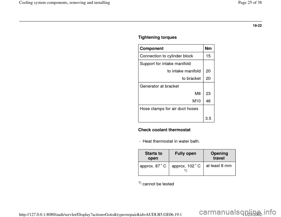 AUDI A4 1995 B5 / 1.G AWM Engine Cooling System Components Workshop Manual 19-22
      
Tightening torques  
     
Component  
  
Nm  
Connection to cylinder block   15  
Support for intake manifold     
   to intake manifold   20  
   to bracket   20  
Generator at bracket 