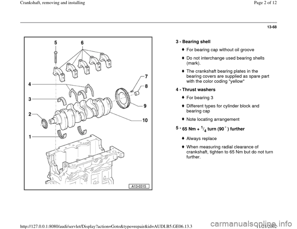 AUDI A4 1997 B5 / 1.G AWM Engine Crankshaft Remove And Install Workshop Manual 13-68
 
  
3 - 
Bearing shell 
For bearing cap without oil grooveDo not interchange used bearing shells 
(mark). The crankshaft bearing plates in the 
bearing covers are supplied as spare part 
with t